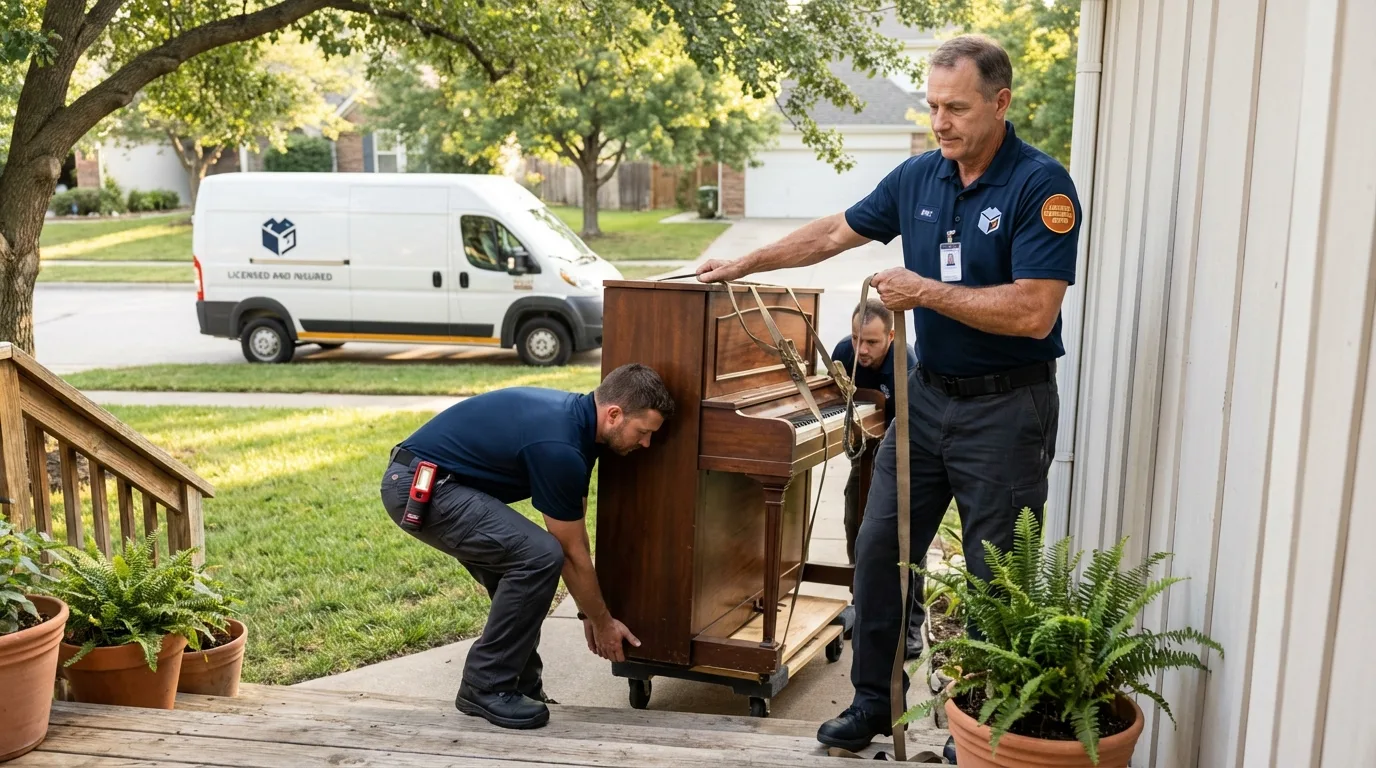 Licensed piano movers securing grand piano in Haskell, OK