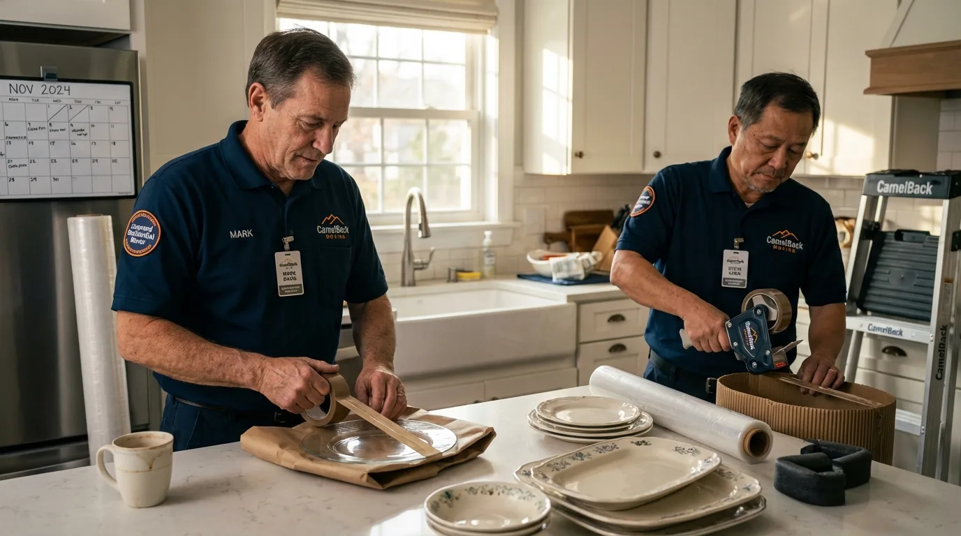 Professional crew packing kitchen dishware in Haskell, OK